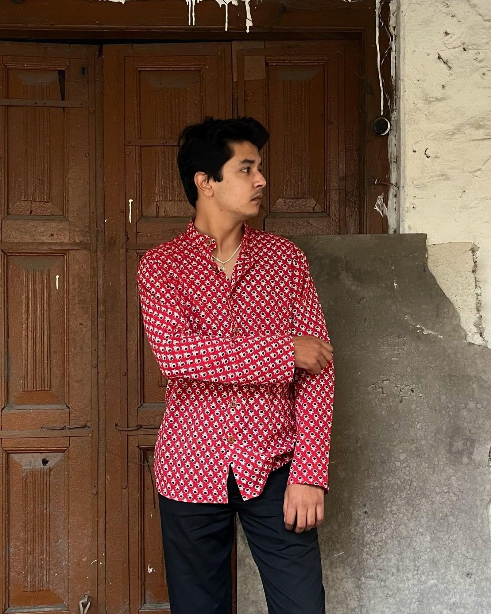 Crimson Classic Mens Shirt/Kurta Hand Screen Printed (Standard Fit) - Image 2