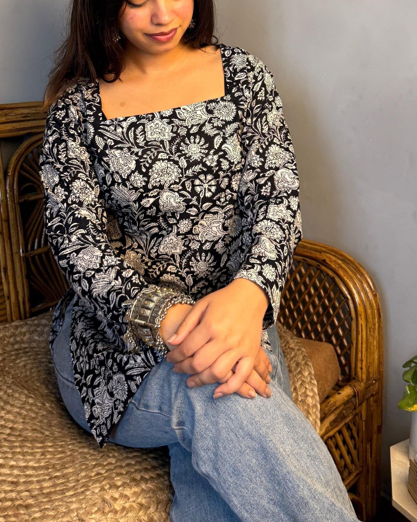 Black & White Bloom Kurti (Customisable-Length/Neck/Sleeves)