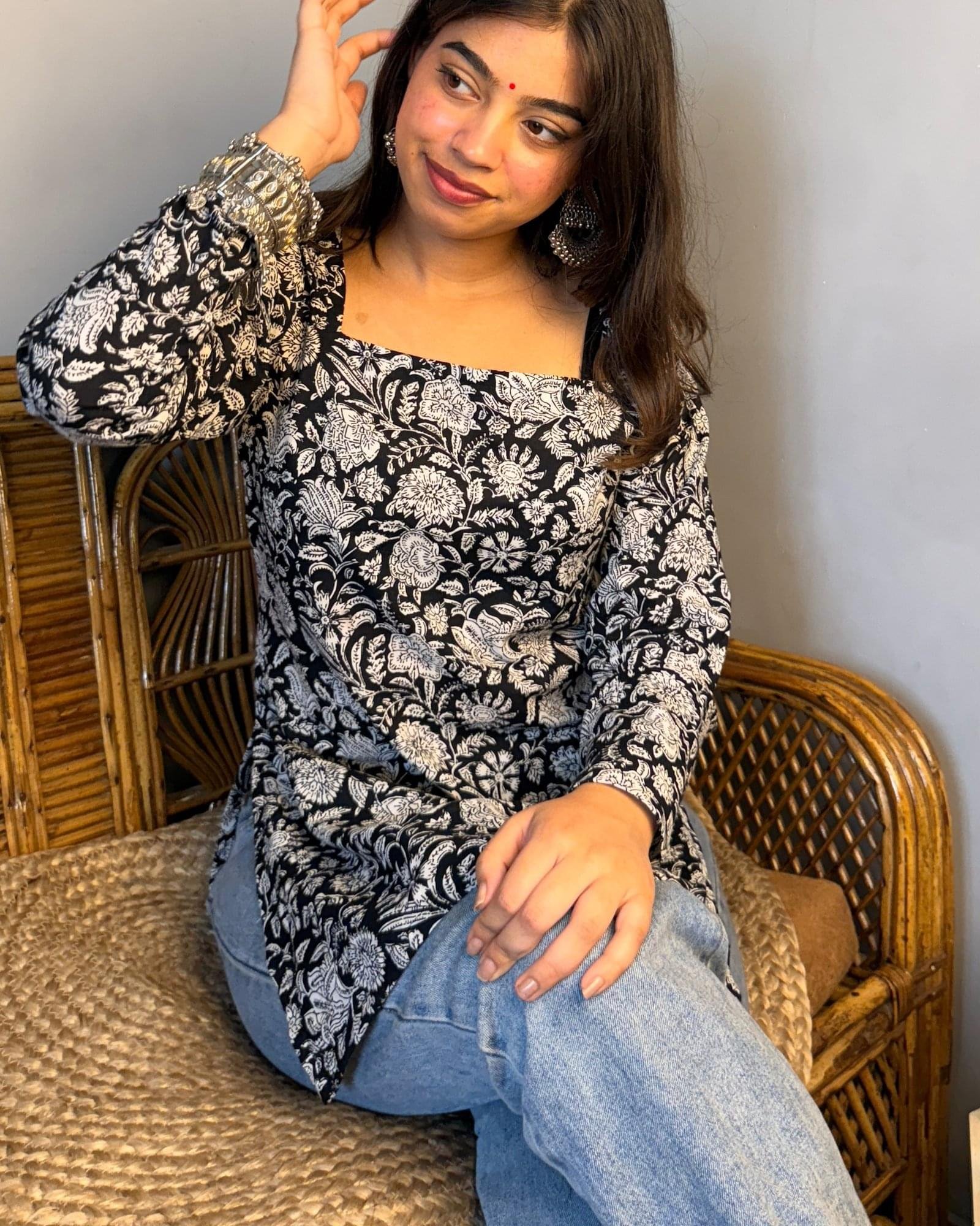 Black & White Bloom Kurti (Customisable-Length/Neck/Sleeves) - Image 2
